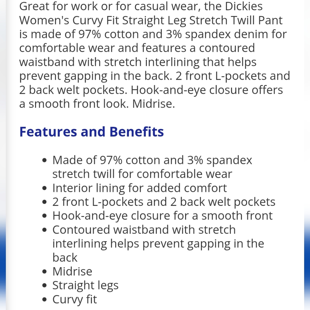 NWT Women's Dickies Curvy Straight Leg Stretch Twill Pants - Picture 4 of 6